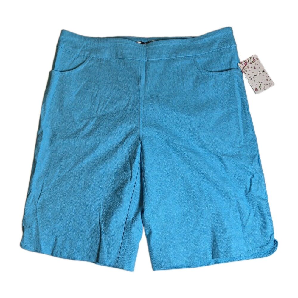 Jenna Rose Womens Linen-look Skimmer Shorts Size 1X Blue Textured Pull-On Pocket